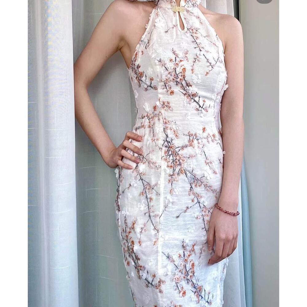 embroidered halter midi bodycon dress/qipao size 2 NWT